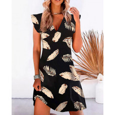 Feather Print V-Neck Ruffle Hem Dress - black