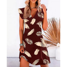 Feather Print V-Neck Ruffle Hem Dress - Wine red