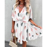 Feather Print V-Neck Short Sleeve Dress - white