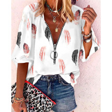 Feather Print Zip Front Lantern Sleeve Top - white