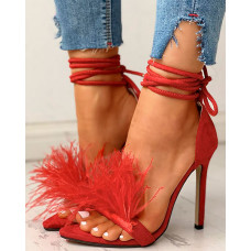 Feather Suede Open Toe Heeled Sandals - red