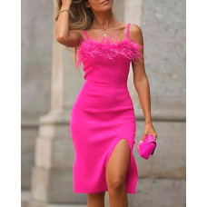 Feather Trim High Slit Party Dress - hot pink