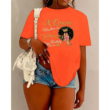 Figure Happy Birthday Queen Letter Print Casual T-shirt - orange