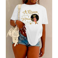 Figure Happy Birthday Queen Letter Print Casual T-shirt - white