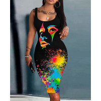 Figure Ink Splash Print Sleeveless Bodycon Dress - black