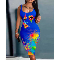 Figure Ink Splash Print Sleeveless Bodycon Dress - blue