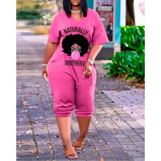 Figure Letter Print Pocket Detail V-Neck Jumpsuit - pink