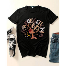 Figure Letter Print Round Neck T-shirt - black