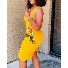 Figure Letter Print Sleeveless Bodycon Dress - yellow