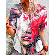 Figure Patterns Print Short Sleeve Loose T-shirts - red