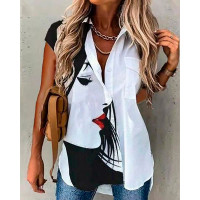 Figure Print Buttoned Pocket Design Shirt - white