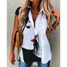 Figure Print Buttoned Pocket Design Shirt - white