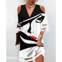 Figure Print Cold Shoulder Casual Dress - blackwhite