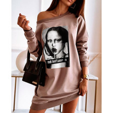 Figure Print Contrast Binding Sweatshirt Dress - coffee