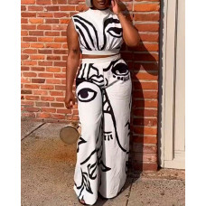 Figure Print Crop Top & Wide Leg Pants Set - white