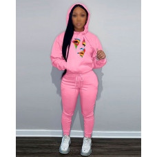 Figure Print Drawstring Hoodie & Pants Set - pink