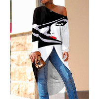 Figure Print Long Sleeve Asymmetrical Hem Top - black