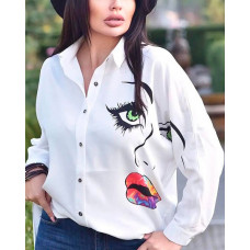 Figure Print Long Sleeve Button Up Shirt - white