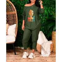 Figure Print Long Sleeve Casual Top & Pants Set - Army green