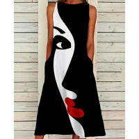 Figure Print Pocket Design Casual Dress - black