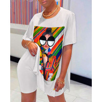 Figure Print Short Sleeve Slit Top & Shorts Set - white