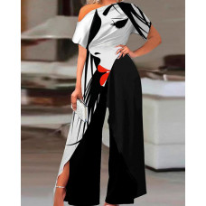 Figure Print Skew Neck Wide Leg Jumpsuit - black