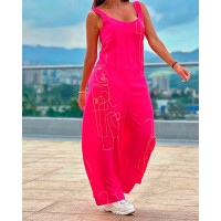 Figure Print Thick Strap Wide Leg Jumpsuit - rose red