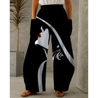 Figure Print Wide Leg Pants - black