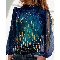 Fish Print Contrast Mesh Long Sleeve Top - blue