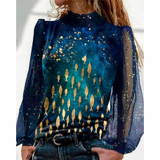 Fish Print Contrast Mesh Long Sleeve Top - blue