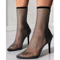 Fishnet Mesh Rhinestone Stiletto Heel Boots - black