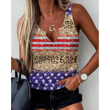 Flag Leopard Print Notch Neck Casual Tank Top - Multicolor