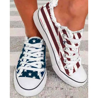 Flag Print Eyelet Lace-up Fringe Hem Canvas Shoes - blue&red