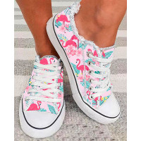 Flamingo Tropical Floral Print Raw Hem Canvas Sneakers - pink