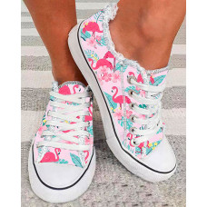 Flamingo Tropical Floral Print Raw Hem Canvas Sneakers - pink