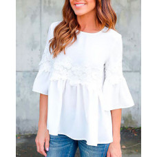 Flare Sleeve Lace Trim Loose Blouse - white