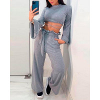 Flared Sleeve Cross Tie Crop Top & Belted Pants Set - gray