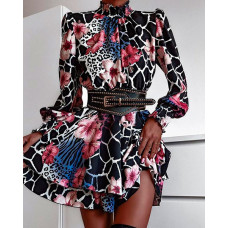 Floral Abstract Cheetah Print Puff Sleeve Dress - black