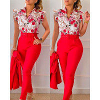 Floral Baroque Print Flutter Sleeve Top & Pants Set With Belt - red