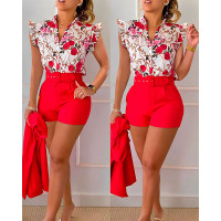 Floral Baroque Print Flutter Sleeve Top & Shorts Set - red