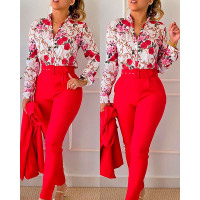 Floral Baroque Print Shirt & High Waist Pants Set - red