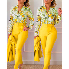 Floral Baroque Print Shirt & High Waist Pants Set - yellow