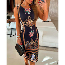 Floral Baroque Print Sleeveless Bodycon Dress - black