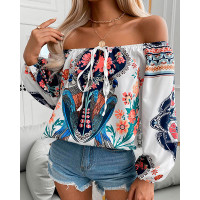 Floral Bird Print Off Shoulder Top - white