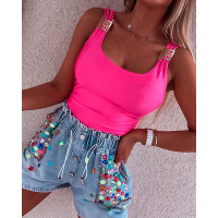 Floral Buckled Square Neck Tank Top - hot pink