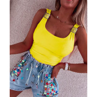 Floral Buckled Square Neck Tank Top - yellow