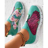 Floral Butterfly Print Breathable Slip-On Sneakers - green