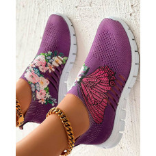 Floral Butterfly Print Breathable Slip-On Sneakers - purple