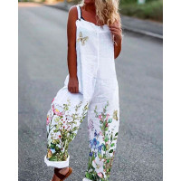 Floral Butterfly Print Csual Suspender Jumpsuit - white