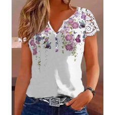 Floral Butterfly Print Notch Neck Lace Patch Top - white